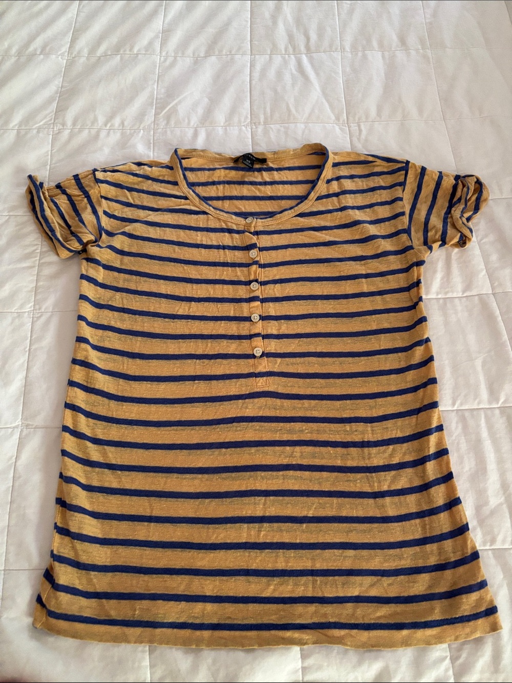 J. Crew Kids Short-Sleeve Henley Tee in Mustard & Navy Stripes Linen xs